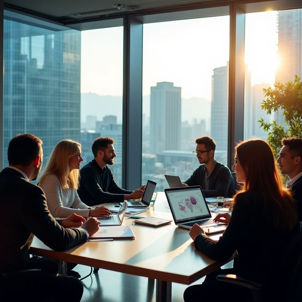 Equipo de consultores financieros en reunión estratégica